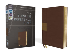 NIV, Thinline Reference Bible (Deep Study at a Portable Size), Leathersoft, Brown, Red Letter, Comfort Print cover image
