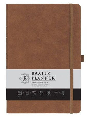 Baxter Undated Daily Planner Daily, Weekly, Monthly, Academic Organizer, Dot Grid Notebook for Time Management, Productivity, Priorities, Goals, Gratitude Journal, Brown Faux Leather