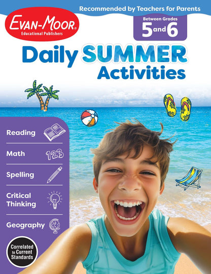 Evan-Moor Daily Summer Activities, Grade 5-6 Workbook, Prevent Learning Loss, Reading Comprehension, Writing, Math, Grammar, Punctuation, Spelling, Multiplication, Division, Fractions, Geography, Maps