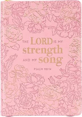 Classic Faux Leather Journal My Strength & Song Pink Floral Inspirational Notebook, Lined Pages w/Scripture, Ribbon Marker, Zipper Closure