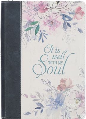 Classic Faux Leather Journal It Is Well With My Soul Blue Watercolor Floral Inspirational Notebook, Lined Pages w/Scripture, Ribbon Marker, Zipper Closure