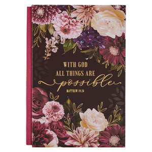 Christian Art Gifts LG Journal for Women with God All Things Possible Mathew 19:26 Bible Verse Inspirational Scripture Embossed Notebook Cream/Plum Vintage Floral Gold Foil, Quarter Bound, Satin Spine